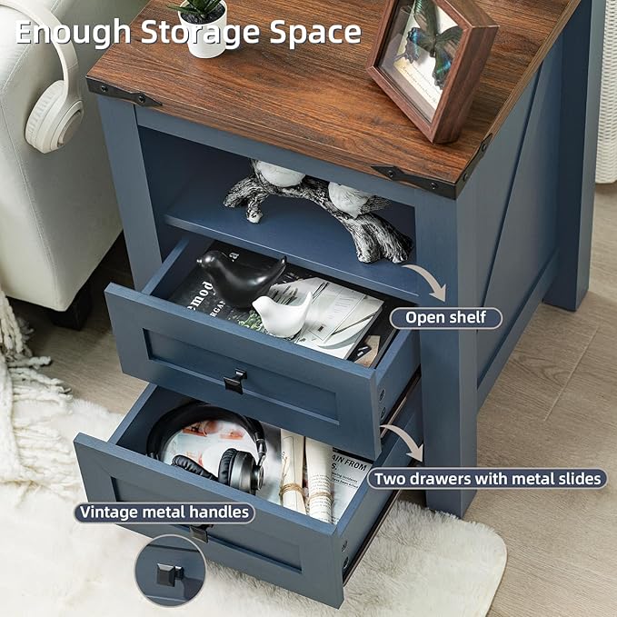 Joaxswe Nightstands Set of 2 with Charging Station, Farmhouse Night Stand with 2 Drawers and Shelf Storage, Wooden Side End Table, Bedside Cabinet for Bedroom, Living Room, Closet,Office (Blue) | with 2 Drawers, and Shelf Storage, Bedside Cabinet, for ...
