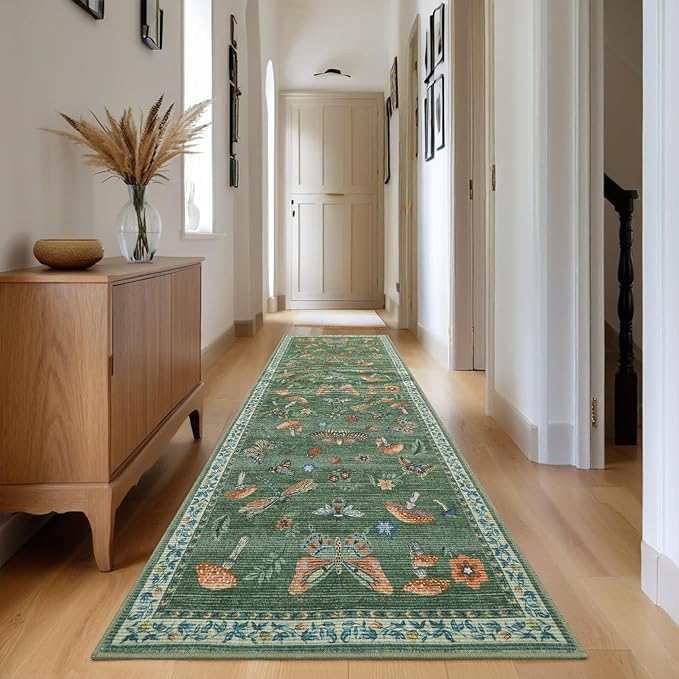 2.5x8 Runner Rug for Hallway Washable Kitchen Rugs Non Slip with Rubber Back Mushroom Soft Low-Pile Stain Resistant Foldable Indoor Carpet for Entryway Laundry Room Floor Mats Green