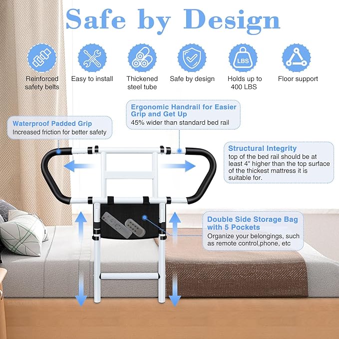 easymake Bed Rails for Elderly Adults Safety: Adjustable Bedside Assist Rails with Storage Pockets, Non-Slip Handles, Items for Elderly Bed Rail, 400LB Gravity Capacity