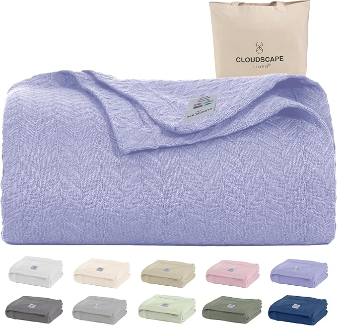 Cloud Scape Linen 100% Cotton Blanket Twin 68x92 Lavender Blue - Cozy Herringbone Weave, Fits Up to Twin XL Size Beds, Breathable Softness, All-Season Warmth, Winter Blanket, Bedding Gift Choice