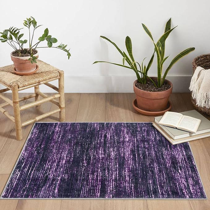 2x3 Modern Abstract Rug for Entryway, Purple White Super Soft Small Area Rug, Washable Non-Slip Kitchen Rugs, Low-Pile Mat for Bedside, Indoor Door Mat
