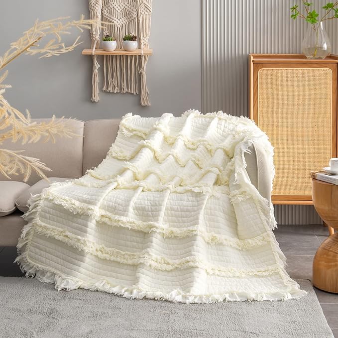 Ultra Soft Pre-Washed Warm Quilted Throw Blanket, Ruffle Fringed Cream Boho Decorative Throw, Stone Washed Chic Rustic Blanket for Sofa Couch Bed Chair, 50"x 60"