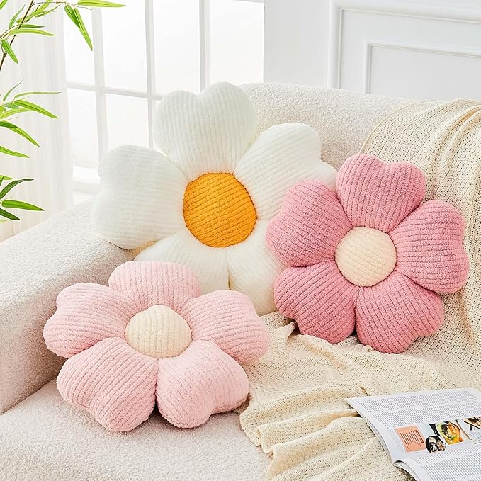 Kcvvcr Flower Throw Pillow, Cute Flower Shaped Pillow Decorative Throw Pillow for Bed Couch, Soft Daisy Pillows Floor Seating Cushion Cushions (19.6 Inch White+Yellow)