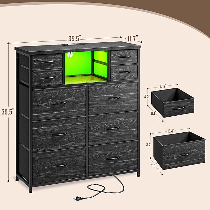 Dresser for Bedroom with 10 Drawers Featuring LED Light and Power Outlet, Fabric Dressers & Chest of Drawers with Open Shelves for Hallway, Living Room, Metal Frame,Wood Top,Grain Black