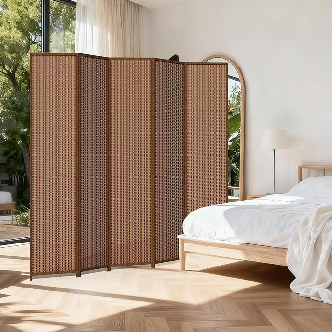 5 Panel Room Divider and Extra Wide Folding Privacy Screen, 79" W x 67" H, Bamboo Room Divider for Room Separation.