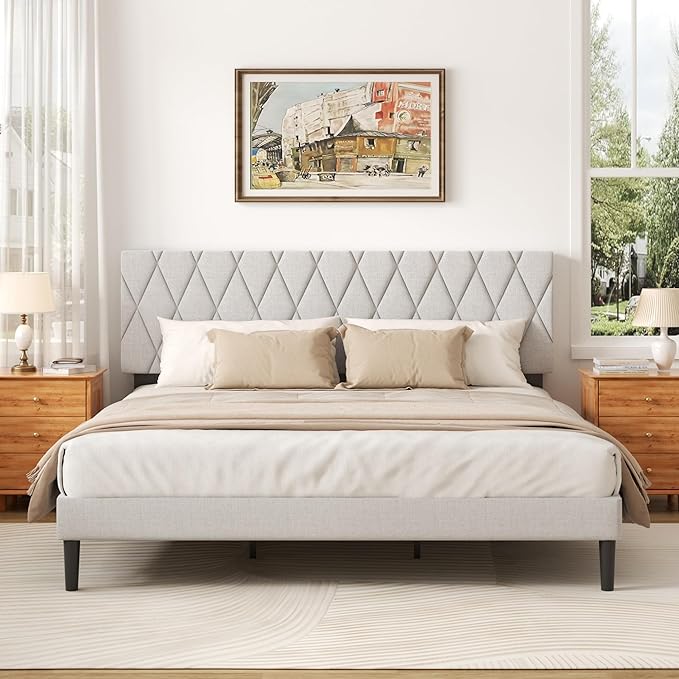 King Size Bed Frame with Diamond Tufted Headboard, Linen Upholstered Platform Bed and Wooden Slat Support, Noise-Free, No Box Spring Needed, Easy Assembly, Light Grey