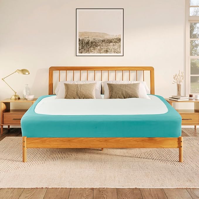 Biscaynebay Decorative Box Spring Cover Full & Full XL Size, Aqua Luxurious Jersey Knitting Stretchy Wrap Around 4 Sides Bed Skirt for Home/Hotels, Easy Fit Wrinkle & Fade Free Machine Washable