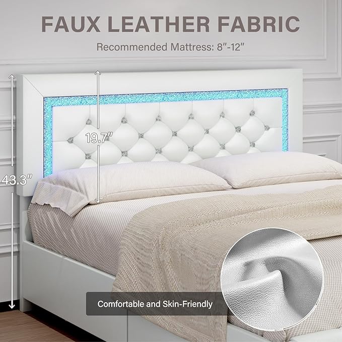 BarnFurin Full Size Bed Frame with LED Lights, Upholstered Bed Frame with Storage Drawers, Modern Platform Bed with Diamond Headboard and Footboard, No Box Spring Needed, White