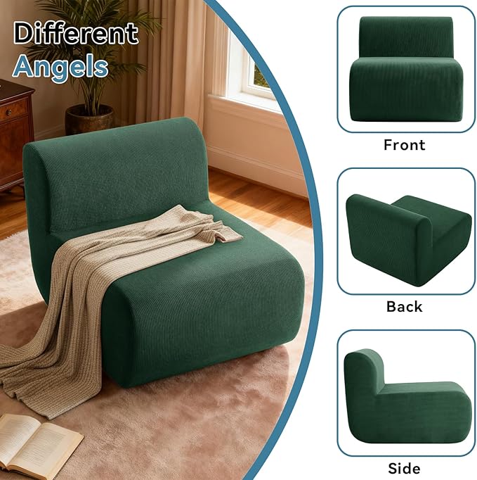Single Boneless Chairs,Fireside Beanbag Chair Upholstered Cloud Sofa Chair,Corduroy Floor Couch Boneless Couch for Living Room,Memory Foam Lounge Chair for Bedroom,Deep Green