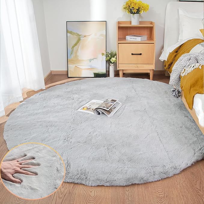 Washable Furry 5ft Round Area Rugs for Living Room Bedroom Light Grey Circle Faux Rabbit Shaggy Fur Rug Teen Room Décor