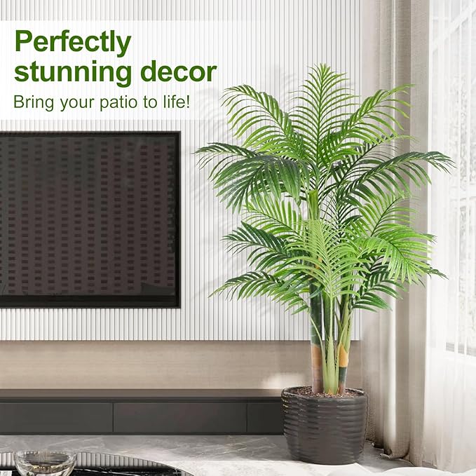 5ft Tall Triple Golden Cane Palm Artificial Tree Large Tropical Palm Tree UV Resistant Fake Plant in Pot for Indoor Outdoor Big House Living Room Outside Patio Office Home Decor 2Pack