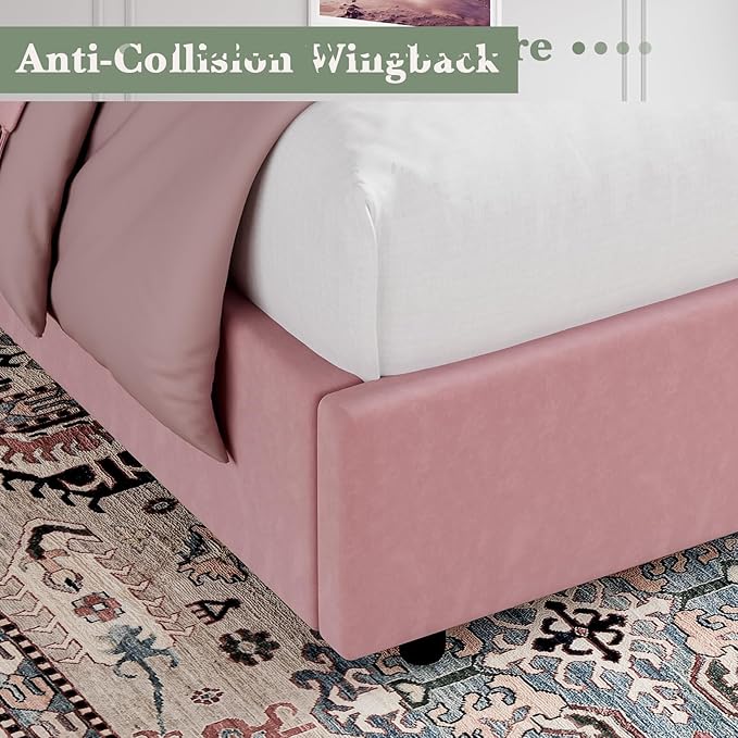 HOMBCK Pink King Size Bed Frame, Upholstered Platform Bed Frame with Velvet Tufted Headboard, Curved Wingback Design, Wooden Slats, No Box Spring, Noise Free, Easy Assembly