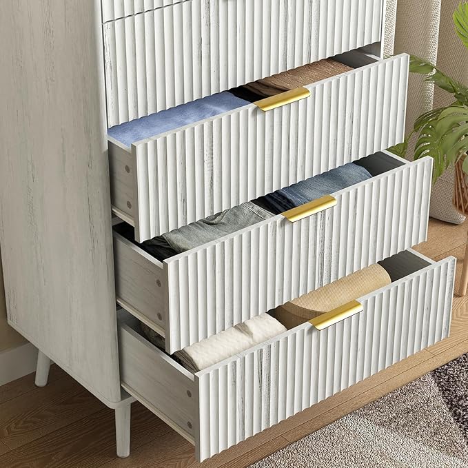 CARPETNAL Fluted 5 Drawers Dresser for Bedroom, 45" Tall Wooden Chest of Drawers with Rounded Corners, Gold Handles, Modern Storage Organizer for Bedroom, Hallway (White)