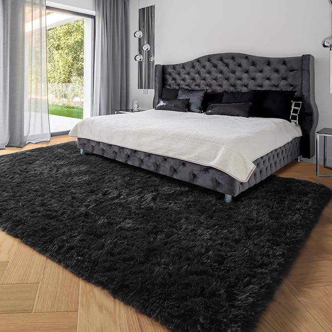 PAGISOFE 6x9 Fluffy Bedroom Rugs Black Modern Living Room Machine Washable Area Rug Fuzzy Shaggy Carpet Indoor Plush Nursery Rugs for Kids Room Furry Floor Rug for Boys Carpet for Teen Dorm Room Decor