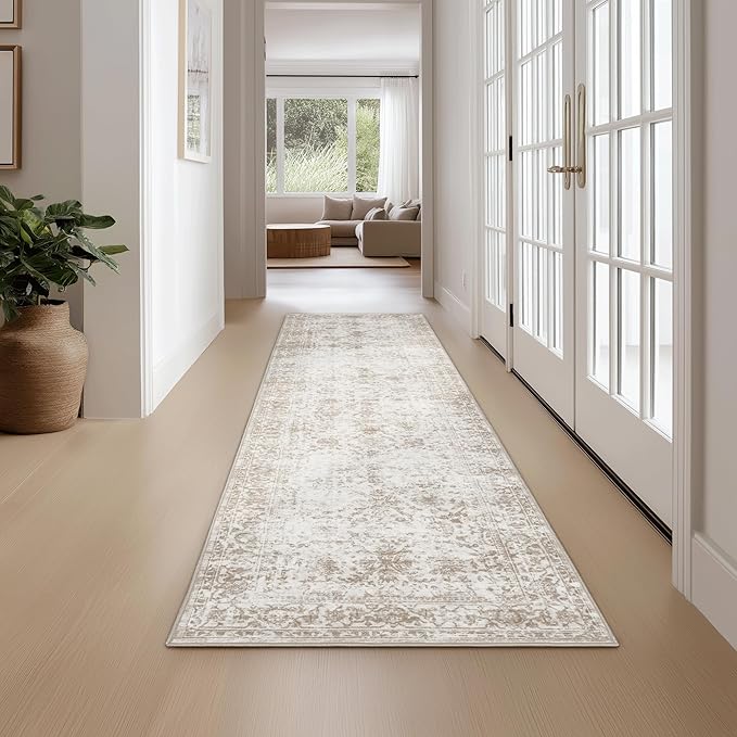 Fmfunctex 2x5 Washable Runner Rug Beige Vintage Neutral Distressed Non Slip Low Pile Indoor Carpet Soft Retro Floral Hallway Entryway Rug for Kitchen Living Room Bedroom Bathroom Laundry Entry Bedside