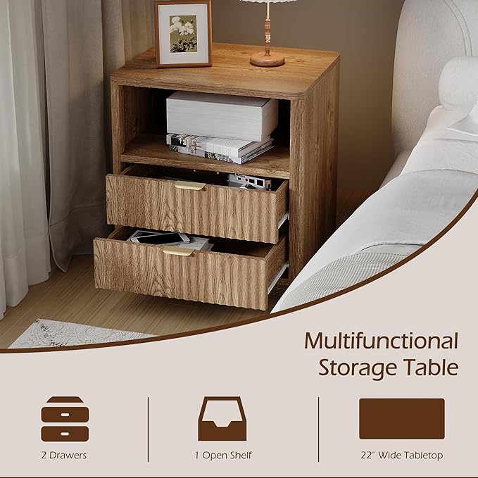 Fluted Nightstands Set of 2 - Walnut Nightstand with 2 Drawers & Open Shelves, 22" Wide Large Bedside Stand Modern Storage Wooden Side Tables for Bedroom (Natural Oak)