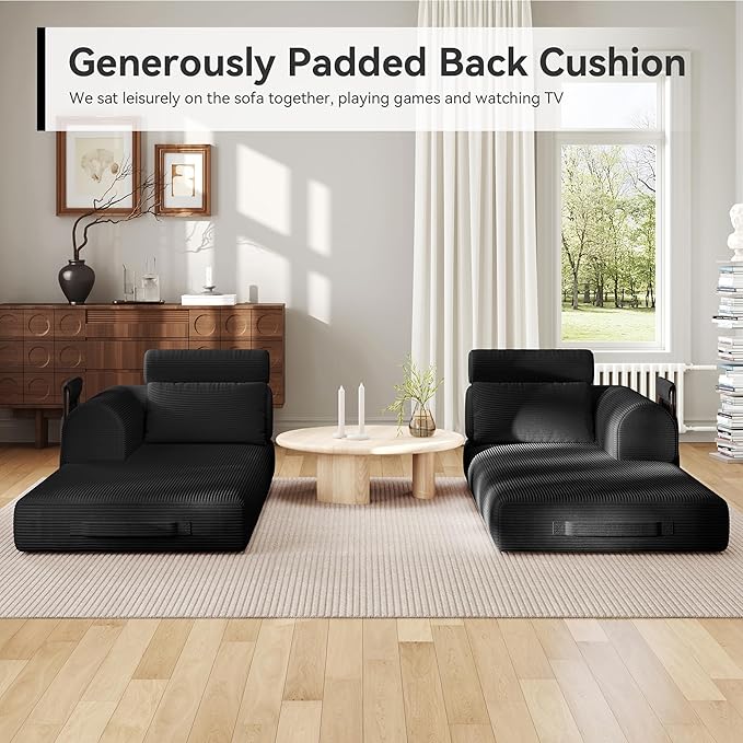 Upgrade High Backrest Design Sofa Bed with Fixed-Shape Frame & Removable Armrests and Backrest, Corduroy Fabric, Convertible Mattress Couch for Small Spaces - No Assembly Needed (High Backrest Black)
