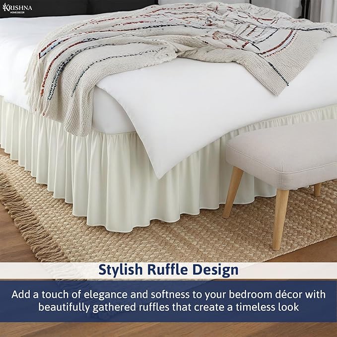 KRISHNA Ruffled Bed Skirt with Split Corners Twin, 100% Microfiber Hotel Quality, 21 Inch Drop Dust Ruffle Gathered Bedskirt with Platform, 39" x 75", Ivory