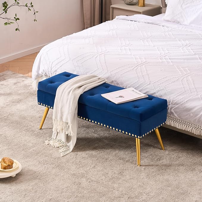 Velvet Storage Bench with Gold Legs& Nailhead Trim, 40" Wide Upholstered Modern Bedroom Bench for End of Bed, Tufted Ottoman for Entryway Living Room Dining Room (Navy Blue, 40" Wide)