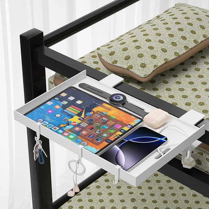 Foldable Bedside Shelf, Metal Clip-On Bed Tray Table for Bunk Bed & Dorm Beds, Dorm Room Essentials Organizer for College Students, Floating Tray, Space Saving Nightstand for Loft Beds (White, Large)