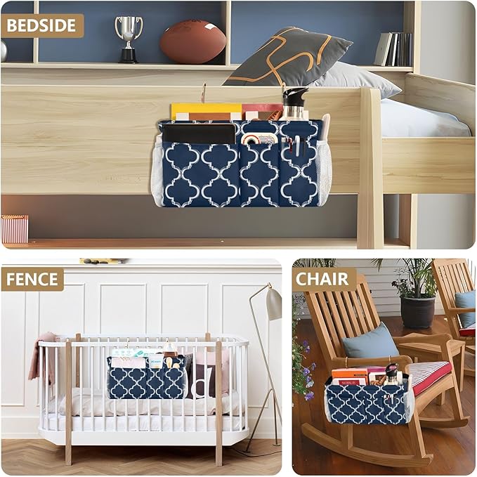 Bedside Caddy Hanging Bunk Bed Caddy Bed Organizer Hanging Pocket with 2 Hooks Bedside Storage Organizer Pocket Bag Holder Navy Blue Geometric Quatrefoil