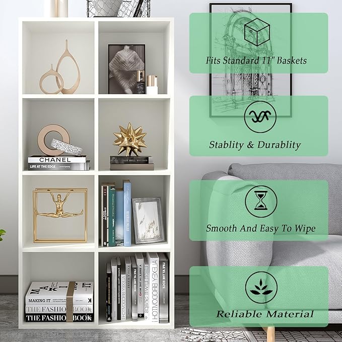 OSCHF 8-Cube Storage Shelf Bookcase - Wooden 4-Tier Floor Standing Open Bookshelf, Modern TV Stand up to 55 Inchs for Home and Office, Warm White