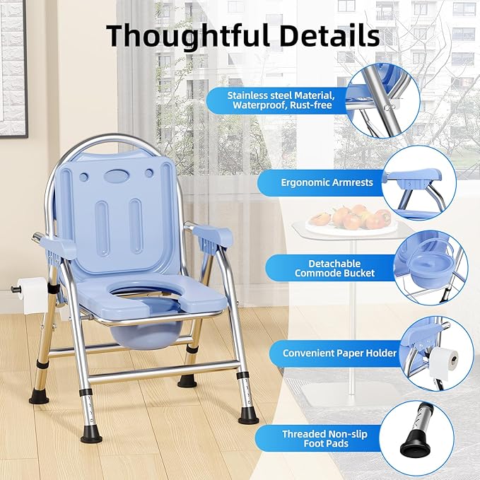 4 in 1 Folding Bedside Commode Chair for Elderly with Arms and Back,Adjustable Height Raised Toilet Seat with Handles,Adults Potty Chair for Seniors,Disabled,Holds Up to 350 lbs (ABS Plastic Seat)