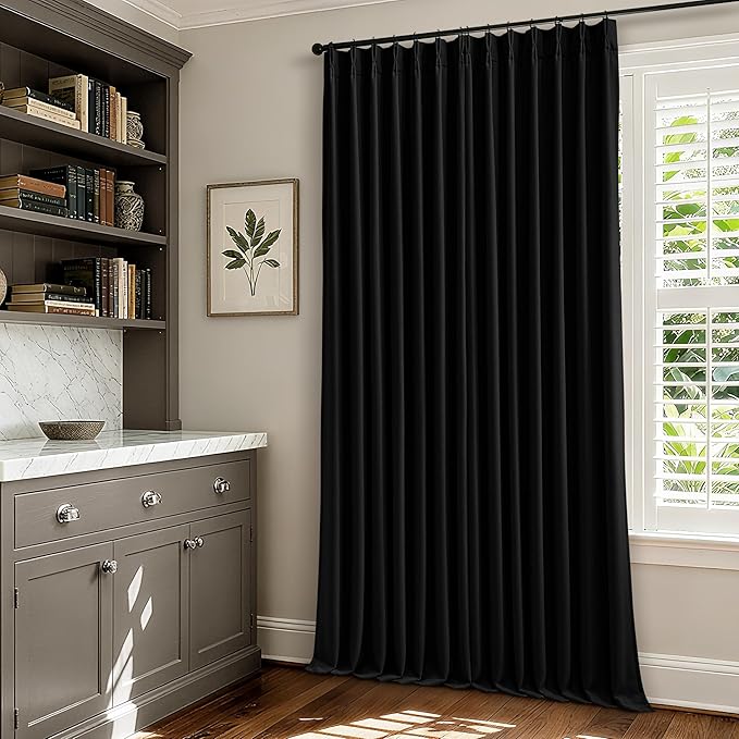 100 Inch Floor Length Linen Blackout Curtains for Bedroom Pinch Pleated Full Black Out Thermal Insulated Window Drapes Light Blocking Double Layer Soundproof 100 Inch Black Curtain 2 Panels Set