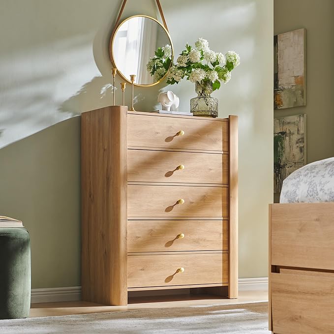 Modern 5 Drawer Dresser for Bedroom, Wooden Chest of Drawers with Curved Profile Design, 39.6" Tall Wood Dresser with Golden Metal Handle for Bedroom, Living Room, Hallway, Natural