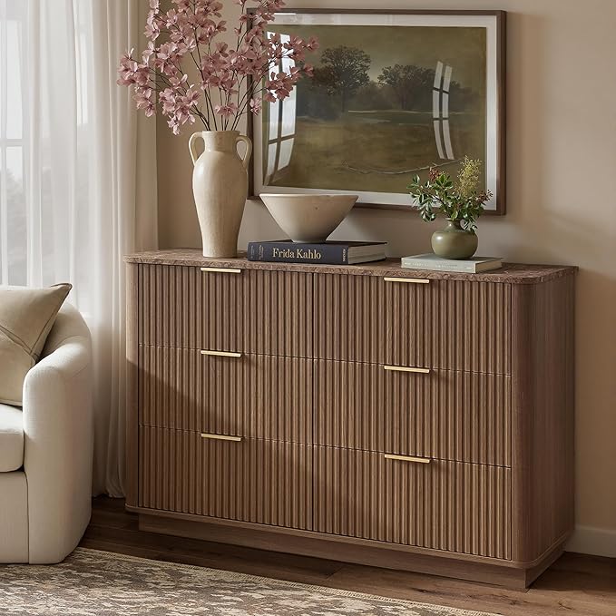 win2win 6 Drawer Dresser, Mid Century Modern Dresser with Storage, 47" Wide Fluted Chest of Drawers with Faux Marble Top, Dressers TV Stand, Drawers Organizer for Bedroom, Living Room, Hallway, Walnut