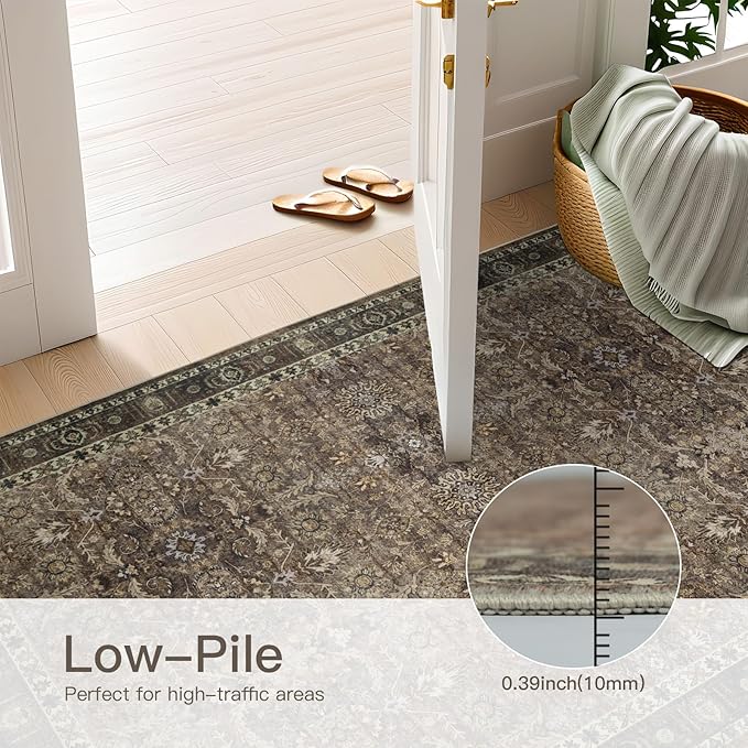 9x12 Vintage Washable Area Rug for Living Room,Low Pile Non Slip Carpet Non-Shedding Large Area Rug Soft Indoor Stain Resistant Rug Floral Print Mat for Bedroom Dining Room Brown Floral