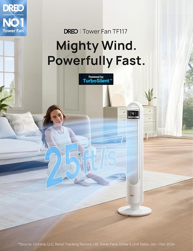 DREO Tower Fan for Bedroom, 4 Speeds, 3 Modes Standing Fans for Room with 90° wide Oscillating, 28dB Quiet for Sleep, 25ft/s Velocity, 29ft Coverage, 8H Timer, Remote, Living Room, Office, Home, White