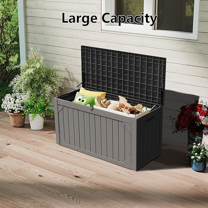 100 Gallon Outdoor Storage Box Waterproof, Lockable Resin Deck Box Patio Storage Bin for Pool Accessories Cushion Furniture, Garden Tools, UV-Resistant Outside Delivery, Black