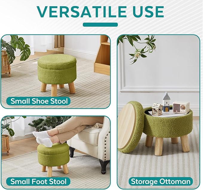FIMIVIBI Small Foot Stool Ottoman with Storage, Sherpa Ottoman Foot Rest for Couch, Round Footstool with Storage, Small Ottomans and Footstools for Living Room and Entryway (Bright Green)