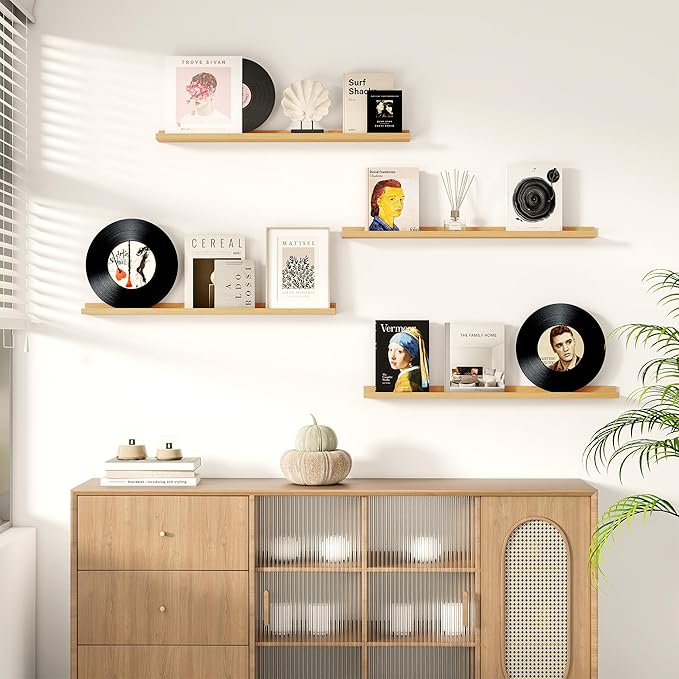 Fun Memories Picture Ledge Shelf for Wall, Floating Shelves Set of 4, 36 Inch Long Nursery Book Shelves for Toys Storage, Kids Bookshelf Wall Mounted for Books Photo Frames, Oak