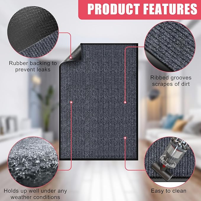 Kuyal Front Door Mat, 4'x8' Indoor Outdoor Entrance Mat, Commercial Floor Mats Inside Outside Entrance, Heavy Duty Durable Welcome Mats, Rubber Backing Non Slip Outdoor Mats for Entryway,Dark Gray
