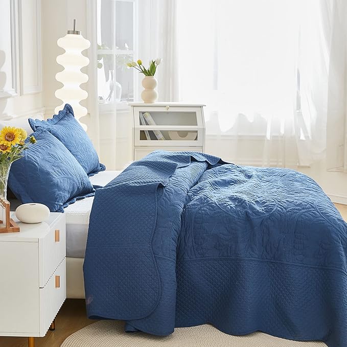 MarCielo 3-Piece 100% Cotton Oversized Bedspread Lightweight Quilt Coverlet Embroidery Farmhouse Bedding Set T0 (Midtone Blue, Oversized Queen (100"x106"))