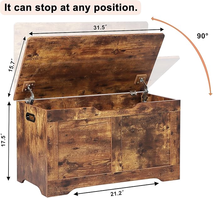 Timberer 31.5" Storage Chest, Wooden Storage Bench, Lift Top Toy Chest with 2 Safety Hinges, Large Toy Box, Entryway Shoes Bench for Living Room, Bedroom, Rustic Brown