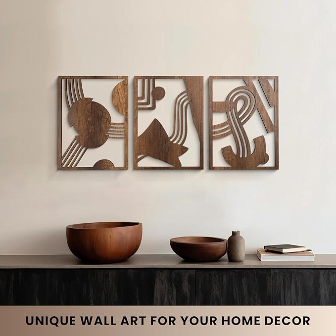 qmmp Modern Wooden Wall Sculptures - Set of 3 - Home Decor Accent - Large Wall Art for Living Room, Bedroom, Office - Easy Installation (Walnut, Medium - Abstract Shapes)