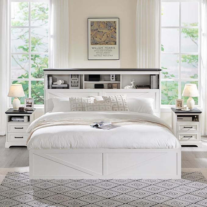 ACCOHOHO King Bed Frame Farmhouse with 52" Storage Bookcase Headboard, 4 Drawers Wooden Bed Frame, LED Light, Charging Station - White