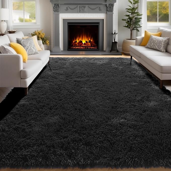 PAGISOFE Fluffy Shaggy Black Area Rug 8x10 Feet, Plush Rugs for Living Room Bedroom, Soft Rug for Nursery, Furry Rugs for Girls Boys Kids Room, Extra Large Fuzzy Rug, Shag Carpet, Black