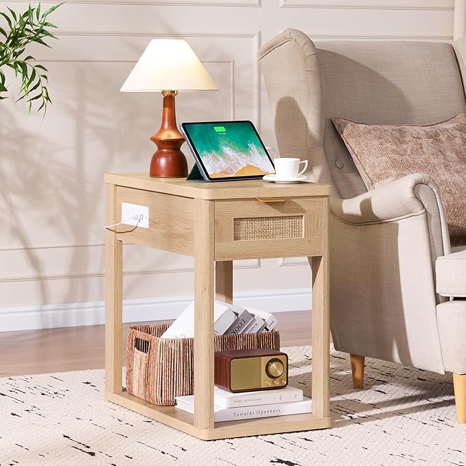 LEYAOYAO Narrow Side Table with Charging Station, 24x14''Rattan Night Stand with Drawer Storage, Natural Wood Bedside End Table for Small Spaces, Boho Nightstand for Living Room Bedroom