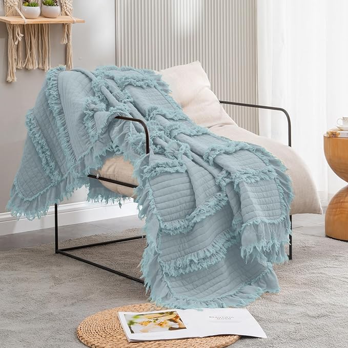 Ultra Soft Pre-Washed Quilted Boho Blue Green King Size Blankets for Bed, Ruffle Fringed Decorative Throw, Stone Washed Chic Rustic Blanket for Sofa Couch Bed, 104"*90"