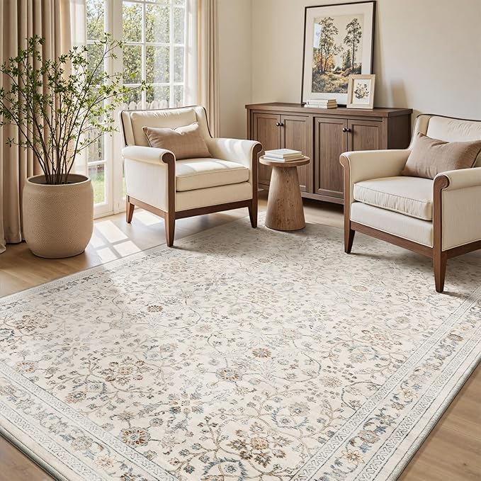 MontVoo-Vintage Area Rug 4X6 Beige Rugs for Living Room-Soft Distressed Printed Rugs for Bedroom-Non Slip Carpet-Machine Washable Rug for Dining Room Living Room Bedside Office