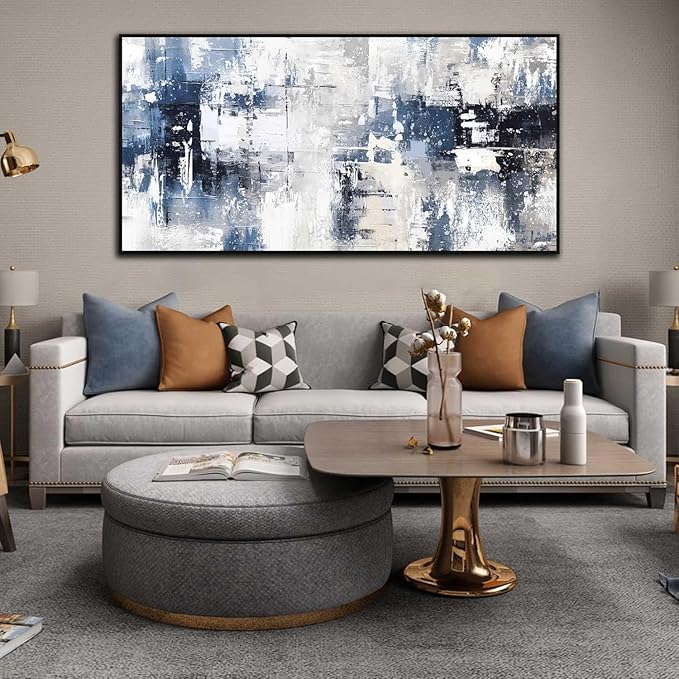 White and Blue Abstract Canvas Wall Art for Living Room Bedroom Home Office Large Black Framed Artwork Grey Abstract Canvas Prints Ready to Hang Size 29x59