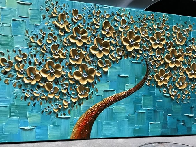 YaSheng Art - 3D Golden Flowers Oil Painting, Oil Painting On Canvas Texture Palette Knife Flowers Tree Paintings Abstract Landscape Artwork Canvas Wall Art Living Room Bedroom Home Decor 24x60inch