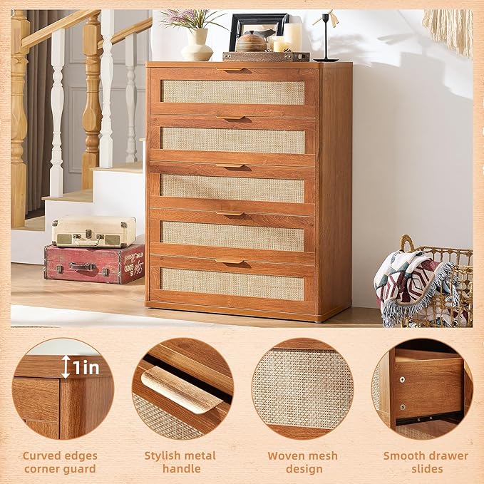 LEYAOYAO Dresser for Bedroom, 41" Tall Chest of Drawers, Modern 5 Drawers Boho Rattan Dressers with Storage, Dresser Wooden Closet Organizer for Living Room, Hallway, Tea Brown