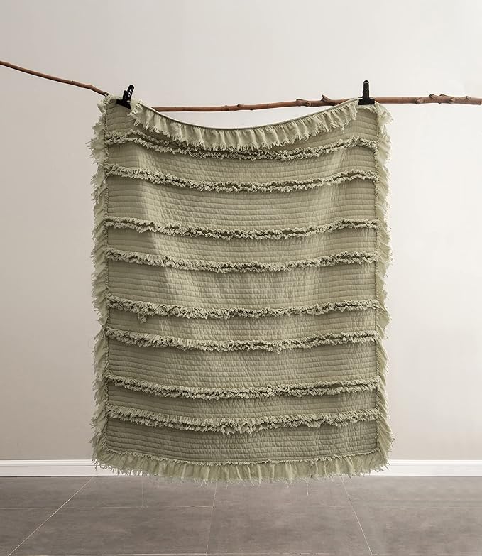 Ultra Soft Pre-Washed Quilted Throw Blanket, Ruffle Fringed Olive Green Decorative Throw, Sage Green Stone Washed Chic Rustic Blanket for Sofa Couch Bed, 50"x 60"