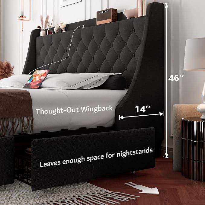 iPormis King Bed Frame with 4 Storage Drawers, Upholstered Platform Bed Frame with Type-C & USB Ports, Wingback Storage Headboard, Solid Wood Slats, No Box Spring Needed, Black
