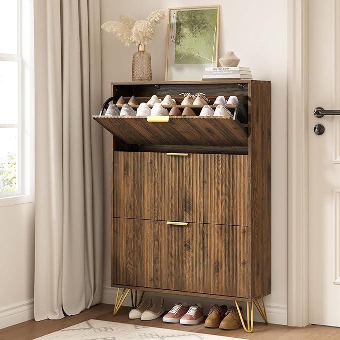 Shoe Cabinet with 3 Flip Drawer, Mid Century Shoe Cabinet Storage for Entryway Slim, Hidden Shoe Storage Cabinet, Freestanding Shoes Rack Organizer for Entryway, Walnut